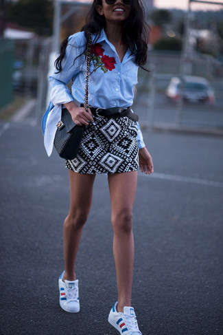 Women's Light Blue Embroidered Dress Shirt, White and Black Geometric Mini Skirt, White Leather Low Top Sneakers, Black Leather Crossbody Bag