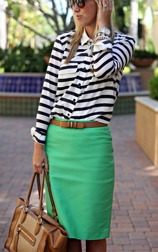 Women's White and Navy Horizontal Striped Chiffon Dress Shirt, Green Pencil Skirt, Brown Leather Tote Bag, Brown Leather Belt