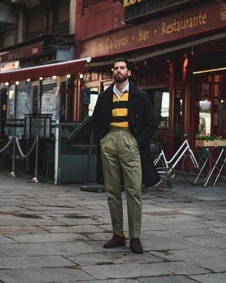 Mustard Horizontal Striped Polo Neck Sweater Outfits For Men: 