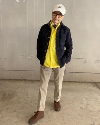 Yellow Nylon Shirt Jacket Outfits For Men: 