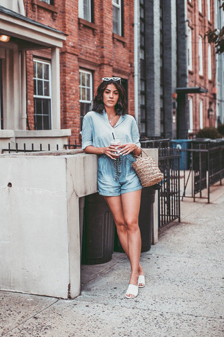White Flat Sandals Outfits: Go for a straightforward but cool and relaxed look by wearing a light blue silk dress shirt and light blue shorts. Feeling adventerous today? Switch things up with white flat sandals.