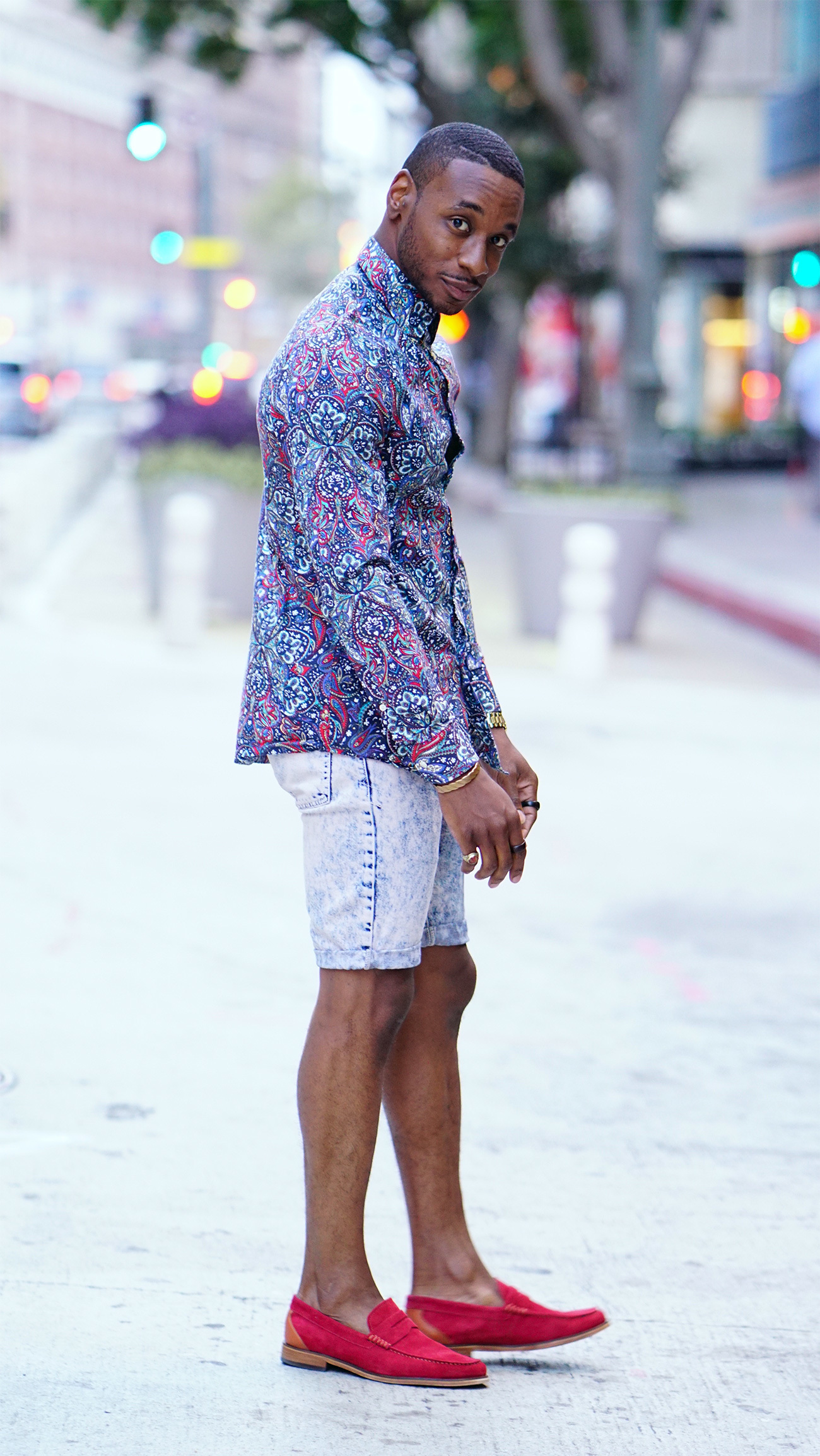 Men's Floral Dress Shirt, Light Blue Denim Shorts, Hot Pink Suede Loafers, Gold Watch | Lookastic