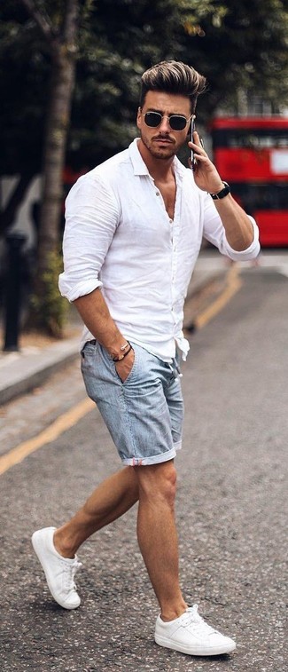 Light Blue Denim Shorts Outfits For Men: A white dress shirt and light blue denim shorts matched together are a good match. Give a laid-back touch to your ensemble by finishing with a pair of white leather low top sneakers.