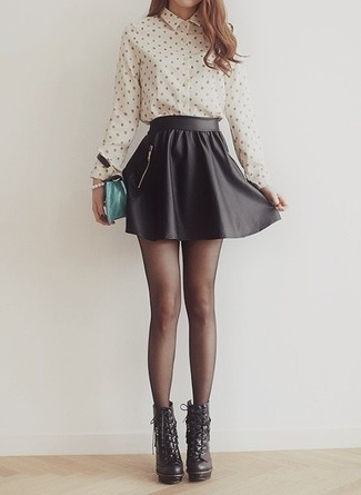 Women's Beige Polka Dot Dress Shirt, Black Leather Skater Skirt, Black Leather Lace-up Ankle Boots, Aquamarine Leather Clutch