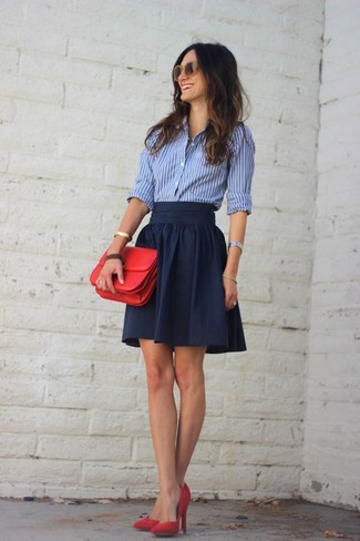 Women's White and Blue Vertical Striped Dress Shirt, Navy Skater Skirt, Red Suede Pumps, Red Leather Clutch
