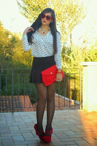 Black Polka Dot Tights with White Dress Shirt Outfits (2 ideas