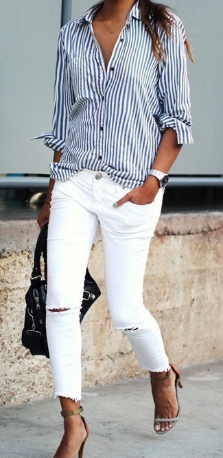 Women's White and Navy Vertical Striped Dress Shirt, White Ripped Skinny Jeans, Tobacco Leather Heeled Sandals, Black Leather Satchel Bag