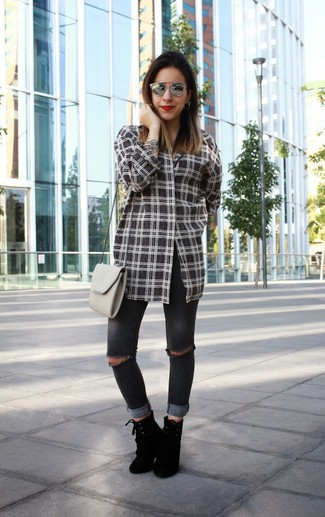 Grey Plaid Dress Shirt Outfits For Women: A grey plaid dress shirt and charcoal ripped skinny jeans are a nice pairing worth integrating into your off-duty routine. Add black suede lace-up ankle boots to the mix to avoid looking too casual.
