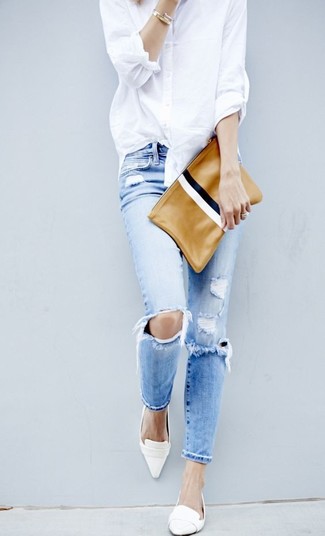 Women's White Dress Shirt, Light Blue Ripped Skinny Jeans, White Leather Loafers, Tan Leather Clutch