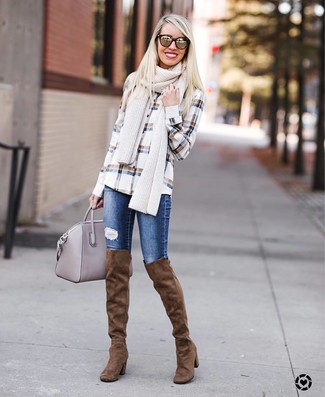 Women's White Check Dress Shirt, Blue Ripped Skinny Jeans, Brown Suede Over The Knee Boots, Grey Leather Tote Bag