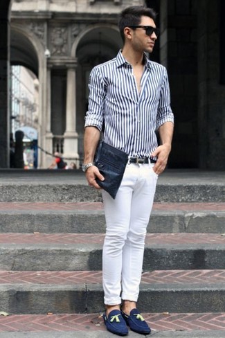 Blue Suede Tassel Loafers Outfits: A white and navy vertical striped dress shirt and white skinny jeans will convey this relaxed and dapper vibe. Why not complement your outfit with blue suede tassel loafers for an added touch of style?