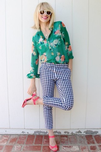 Women's Green Floral Dress Shirt, White and Navy Check Skinny Pants, Hot Pink Leather Heeled Sandals, White Sunglasses