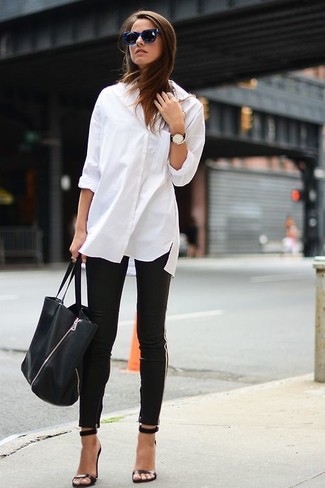 Women's White Dress Shirt, Black Skinny Pants, Black Leather Heeled Sandals, Black Leather Tote Bag