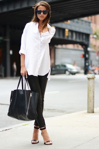 Women's White Chiffon Dress Shirt, Black Leather Skinny Pants, Black Leather Heeled Sandals, Black Leather Tote Bag