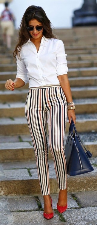 Women's White Dress Shirt, White Vertical Striped Skinny Pants, Red Suede Pumps, Navy Leather Tote Bag