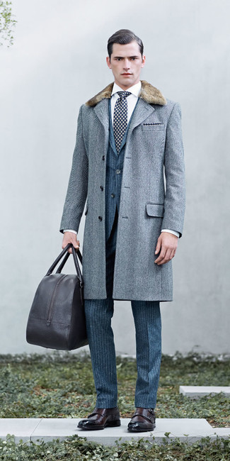 Charcoal Fur Collar Coat Outfits For Men: 