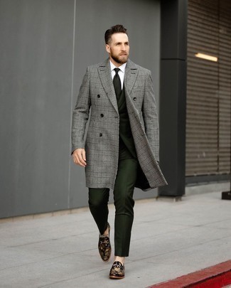Men's Black Floral Velvet Loafers, White Dress Shirt, Dark Green Suit, Grey Plaid Overcoat
