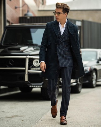 Navy Vertical Striped Wool Suit Outfits: 