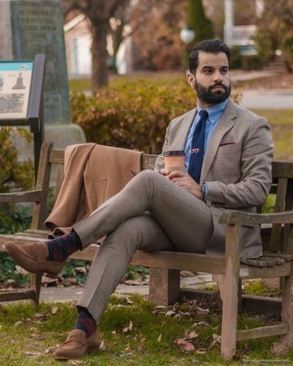 Tan Check Wool Suit Outfits: 