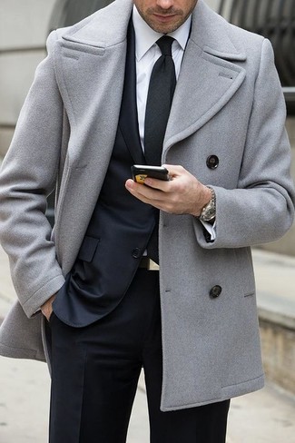 Charcoal Pea Coat Outfits: 