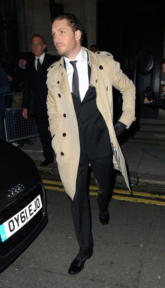 Tom Hardy wearing Black Leather Oxford Shoes, White Dress Shirt, Black Suit, Tan Trenchcoat