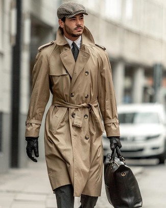 Men's Black Leather Tote Bag, White Dress Shirt, Charcoal Wool Suit, Tan Trenchcoat
