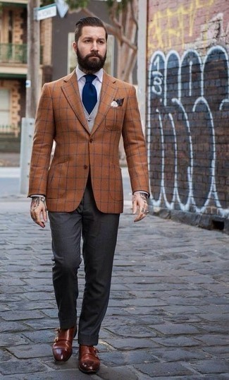Tobacco Check Blazer Outfits For Men: 
