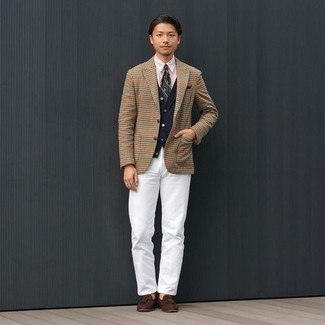 Tan Houndstooth Blazer Outfits For Men: 