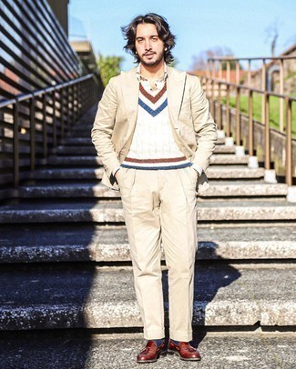 Beige Suit with Tassel Loafers Outfits: 