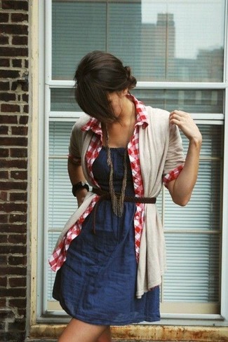 Women's Dark Brown Woven Leather Belt, Red and White Gingham Dress Shirt, Navy Chambray Tank Dress, Beige Open Cardigan