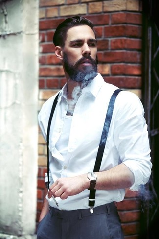 Black Suspenders Outfits: A white dress shirt and black suspenders are a great pairing worth incorporating into your daily off-duty wardrobe.