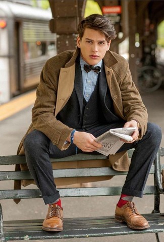 Dark Brown Plaid Bow-tie Outfits For Men: 