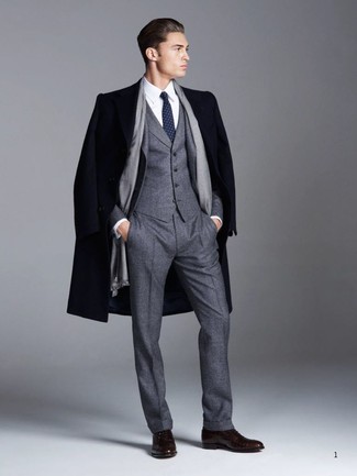 Navy Overcoat with Grey Three Piece Suit Outfits: 