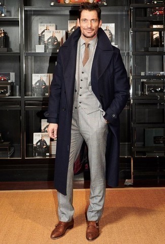 Navy Overcoat with Grey Three Piece Suit Outfits: 