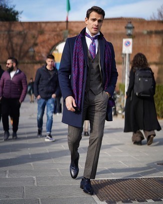Navy Overcoat with Three Piece Suit Outfits: 