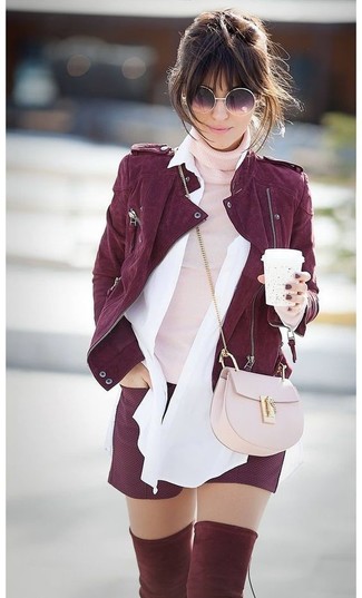 Women's Burgundy Shorts, White Dress Shirt, Pink Turtleneck, Burgundy Suede Biker Jacket