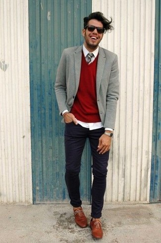 Grey Vertical Striped Tie Fall Outfits For Men: 