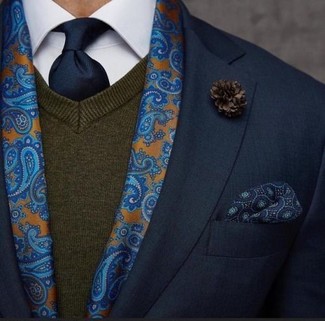 Blue Paisley Silk Scarf Outfits For Men: 