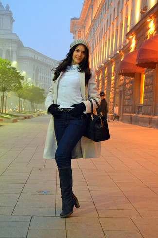 White and Blue V-neck Sweater with Knee High Boots Outfits: 