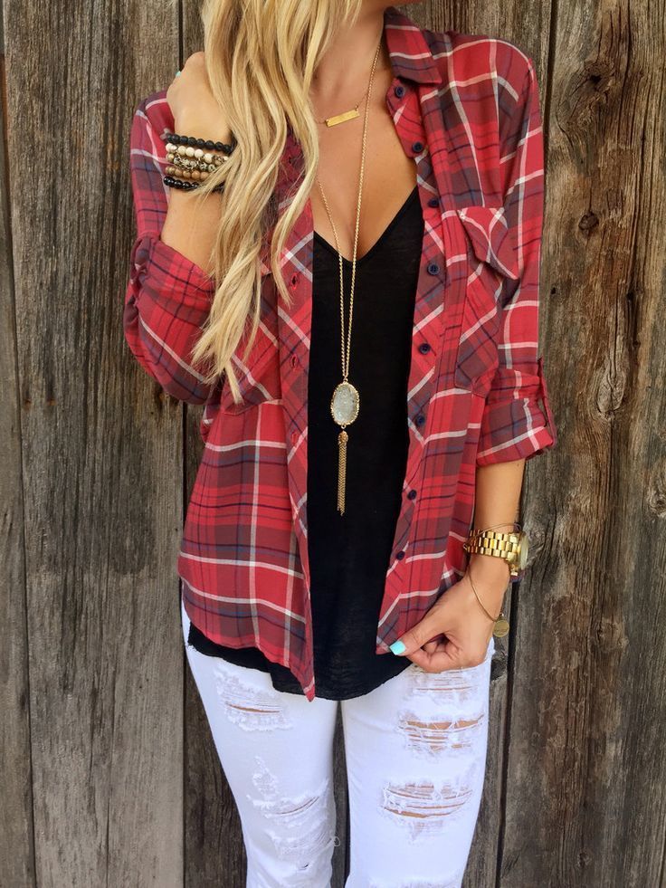 Women s Red Plaid Dress Shirt Black V neck T shirt White Ripped