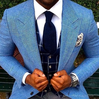 Charcoal Dress Pants with Navy Check Waistcoat Outfits: 