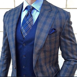 Blue Plaid Tie Outfits For Men: 