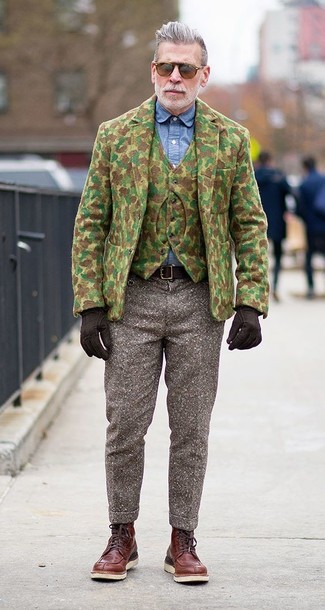 Nick Wooster wearing Brown Wool Dress Pants, Blue Chambray Dress Shirt, Olive Camouflage Wool Waistcoat, Olive Camouflage Wool Blazer