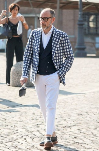 White Dress Shirt with Blue Gingham Blazer Fall Outfits For Men: 