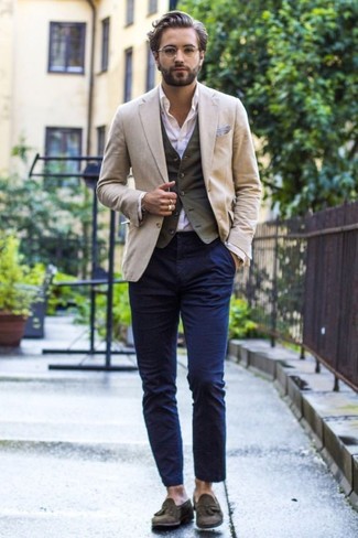 Olive Suede Loafers Outfits For Men: 
