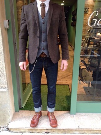 Grey Wool Waistcoat with Dark Brown Wool Blazer Smart Casual Outfits: 
