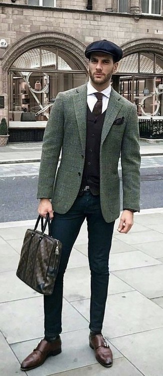 White Dress Shirt with Dark Green Check Wool Blazer Fall Outfits For Men: 
