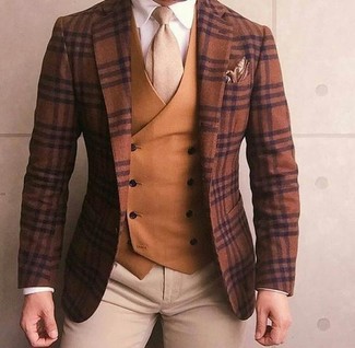 Brown Silk Pocket Square Outfits: 