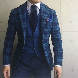 Teal Plaid Wool Blazer Outfits For Men: 