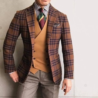 Brown Plaid Wool Blazer Outfits For Men: 